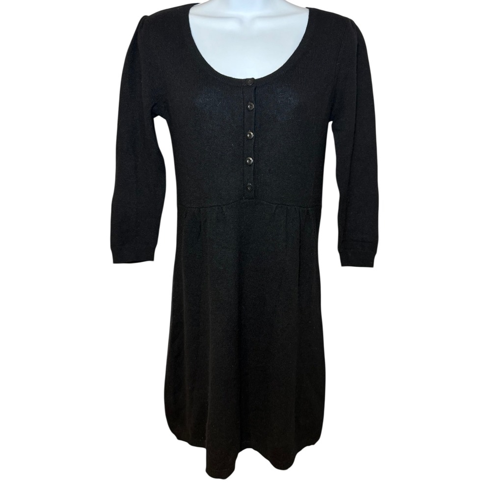 Aqua Cashmere Womens S 100% Cashmere Sweater Dress Black 3/4 Sleeve Button Front
